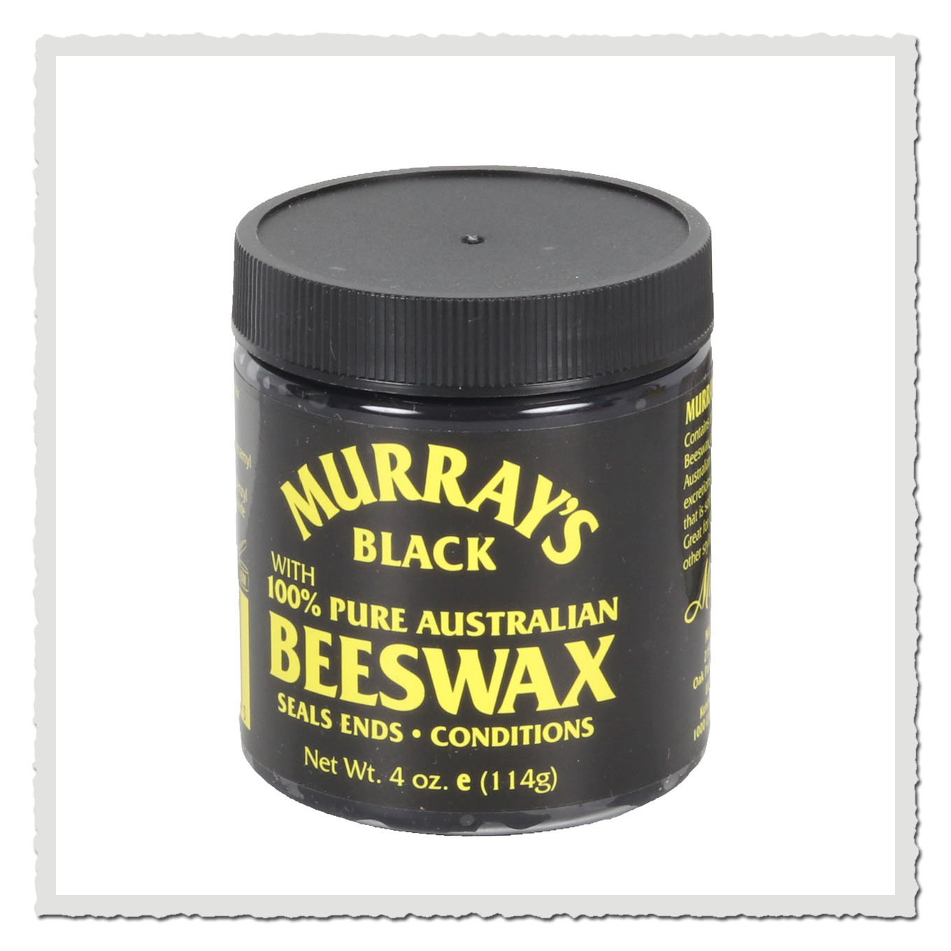 Frontalansicht der Murrays Black Beeswax Dose, schwarze Pomade für kräftigen Halt und tiefschwarze Haarfarbe im Barbershop-Stil.